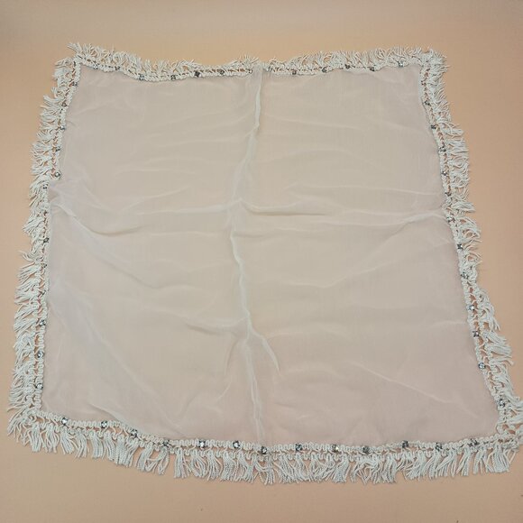 Vintage White Silk Square Scarf with Rhinestone and Fringe 17x17 Jean Long READ - Picture 1 of 6